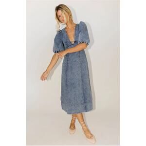 Zoco Sarah Beth Denim A-Line Midi Dress Women’s Size Medium Puff Sleeve Deep V